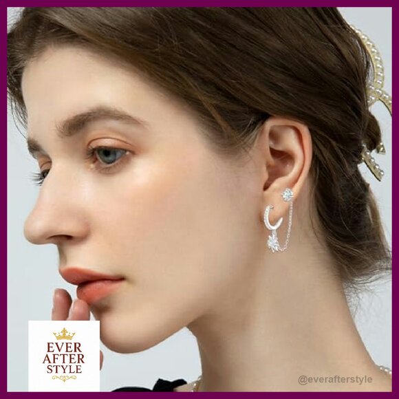 Sterling Silver Double Piercing Chain Earrings Elegant Layered Dangle Studs - Picture 5 of 8